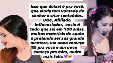 Duas mulheres sorrindo, uma com microfone, com texto anunciando 100 aulas e mentoria