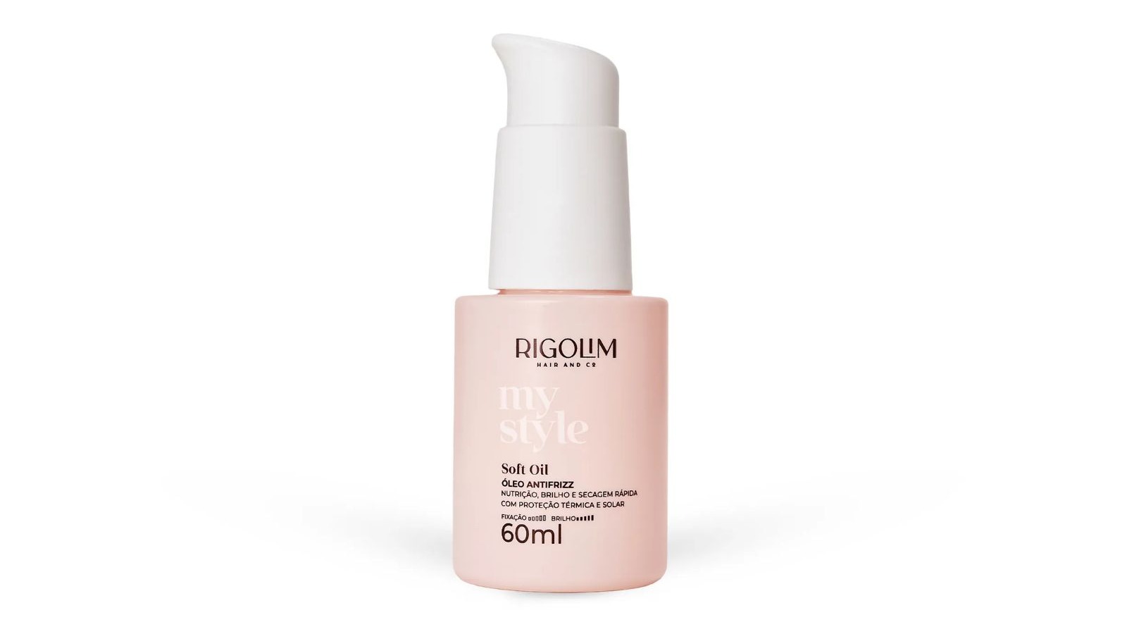 Frasco rosa de &oacute;leo capilar Rigolim My Style Soft Oil 60ml com pump branco em fundo branco