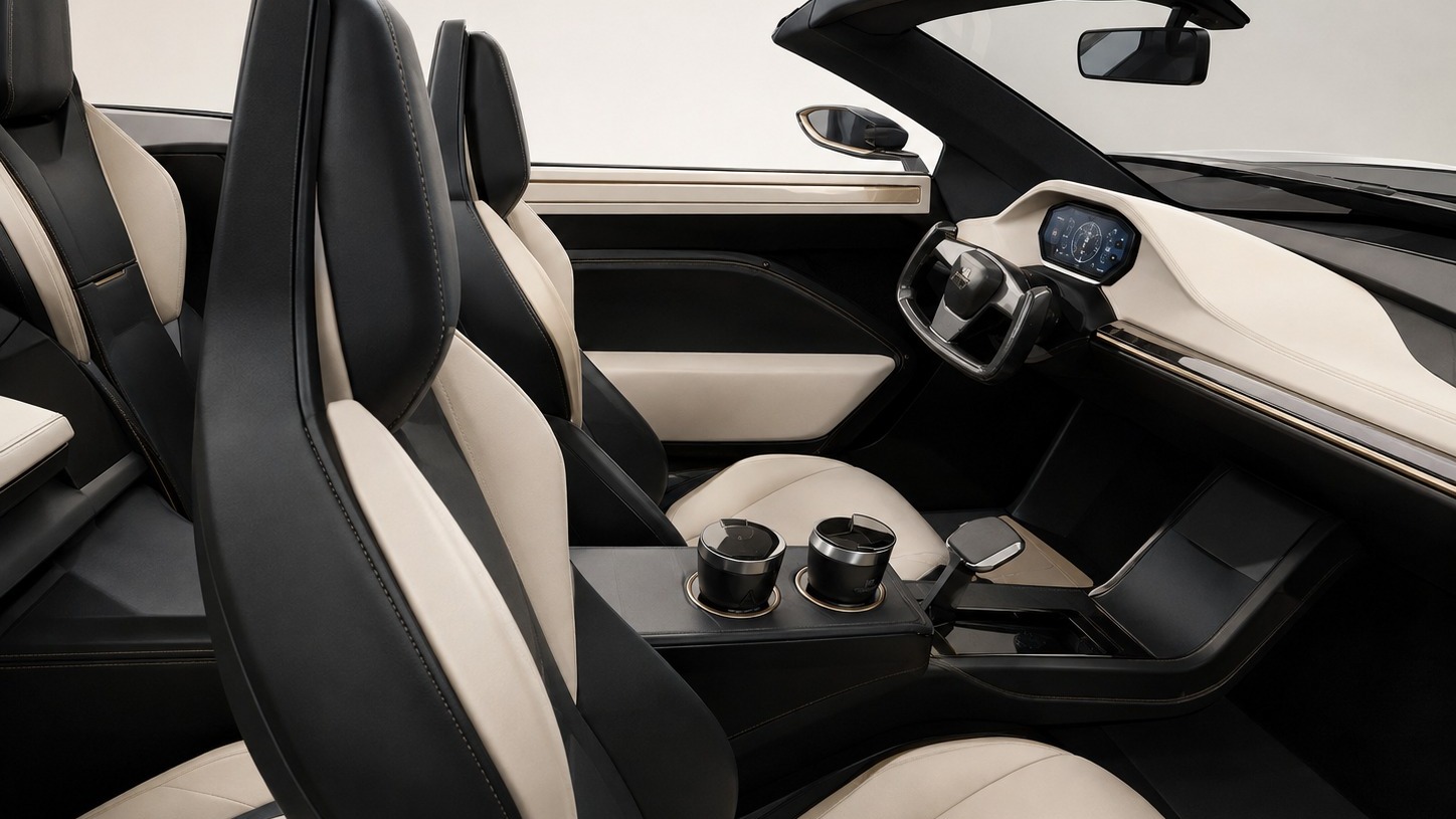 Interior de carro-barco com bancos esportivos pretos e beges, painel digital e console central