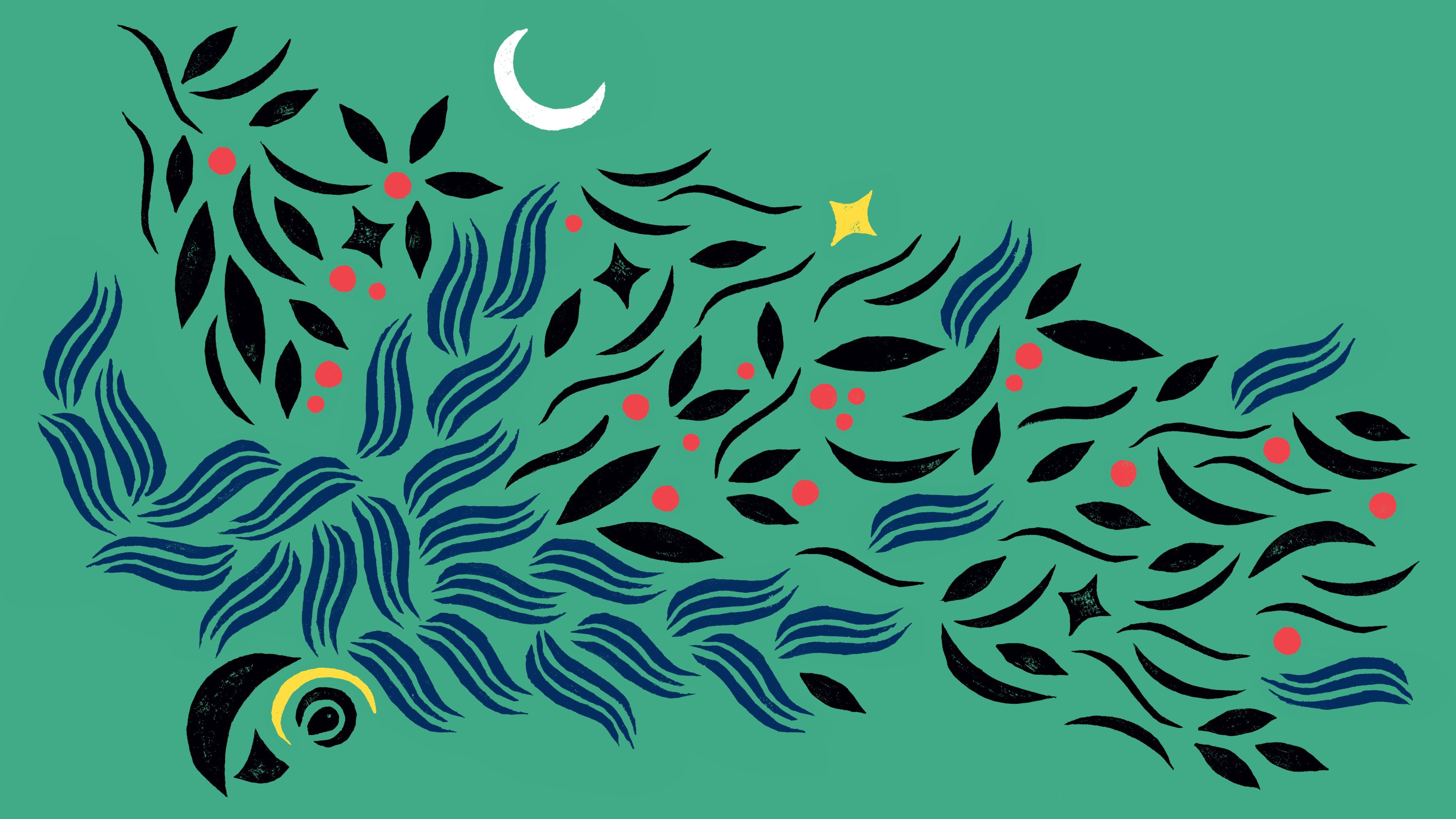 Fundo teal, formas org&acirc;nicas fluidas: folhas pretas, ondas azuis, c&iacute;rculos vermelhos, lua branca, estrela amarela