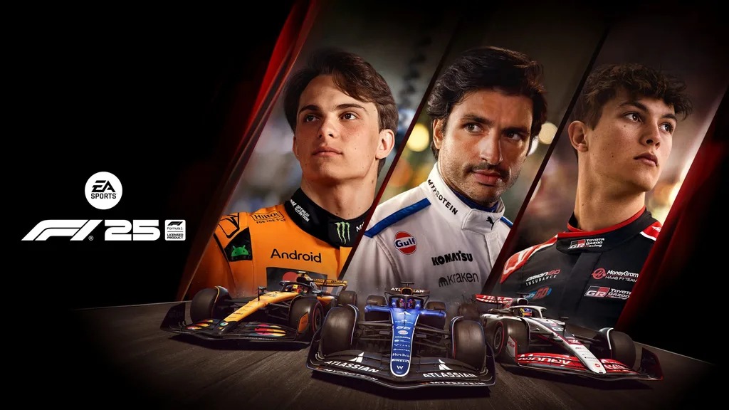 Capa do jogo F1 25: tr&ecirc;s pilotos de F1, carros de corrida, logo EA Sports
