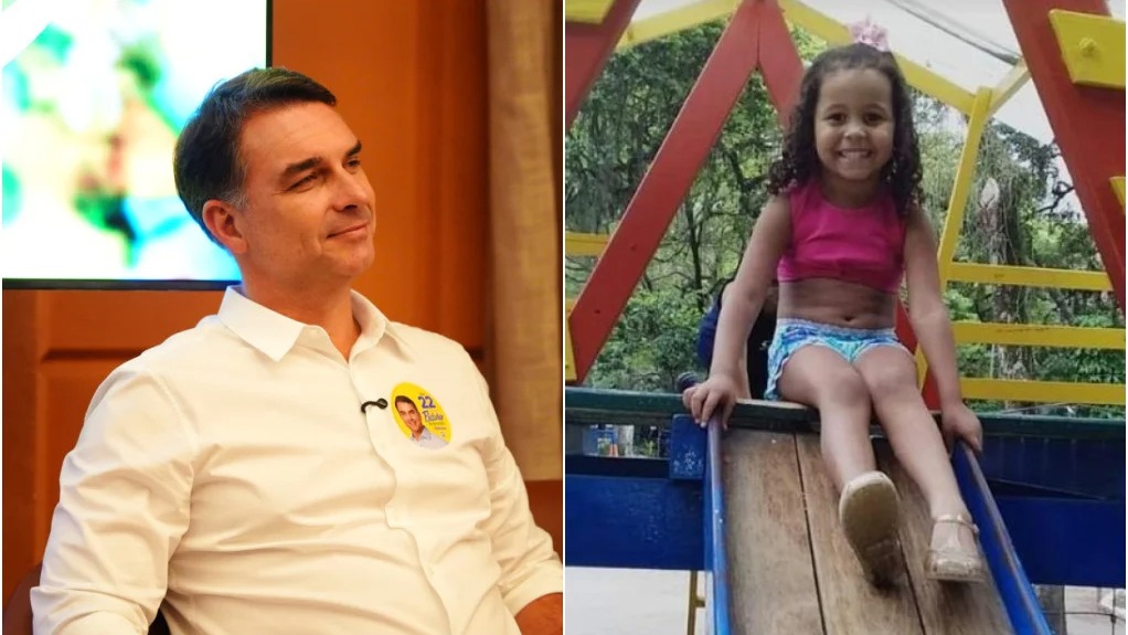 Flávio Bolsonaro (à esq.), que defendeu PM acusado da morte de Ana Clara Machado (à dir.), de 5 anos. Flávio Bolsonaro de camisa branca com broche político e menina sorrindo em escorregador