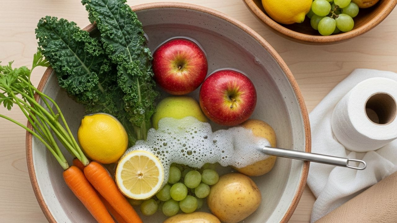 A higienização de frutas e vegetais é crucial, mas usar detergente pode ser prejudicial, um erro comum que especialistas alertam para evitar. Tigela grande com frutas, vegetais, água, bolhas de sabão e um utensílio de metal.