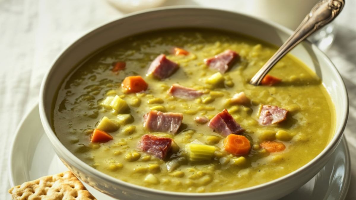 Tigela de sopa de ervilha com peda&ccedil;os de presunto, cenoura, aipo e uma colher.