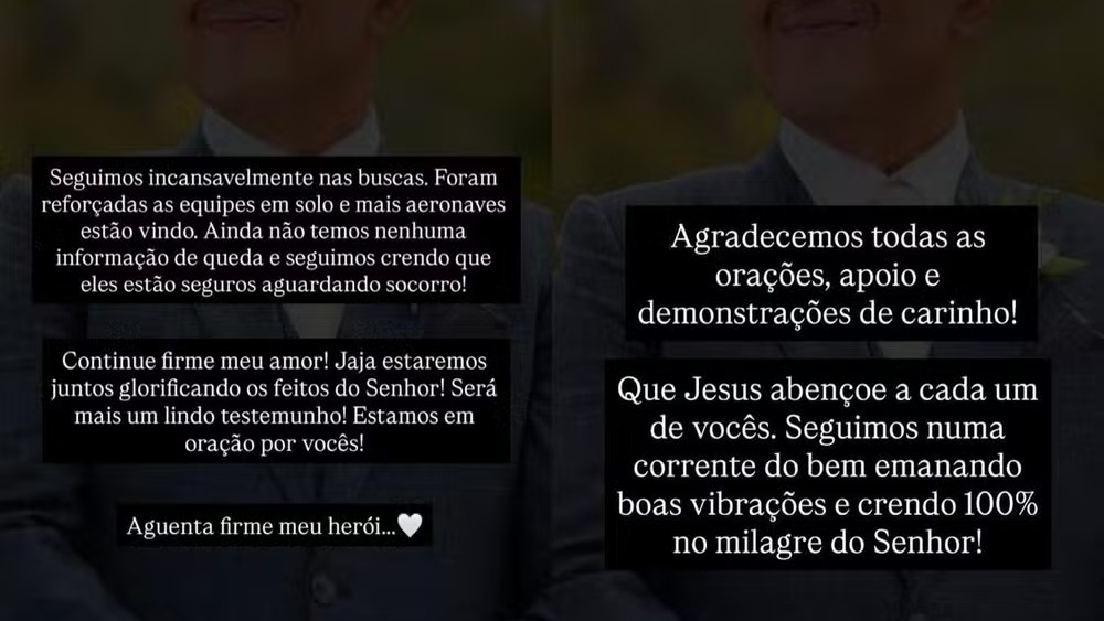 Lívia Avelar publicou mensagens de fé e esperança no Instagram sobre o desaparecimento do helicóptero do marido, Bruno Avelar. Quatro blocos de texto em português, com mensagens de fé e gratidão, sobre fundo escuro desfocado