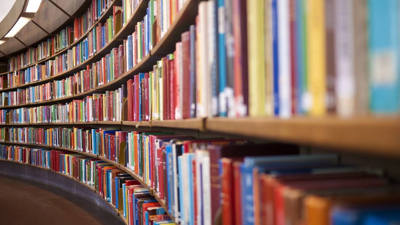 Longas estantes curvas de madeira cheias de livros coloridos em uma biblioteca