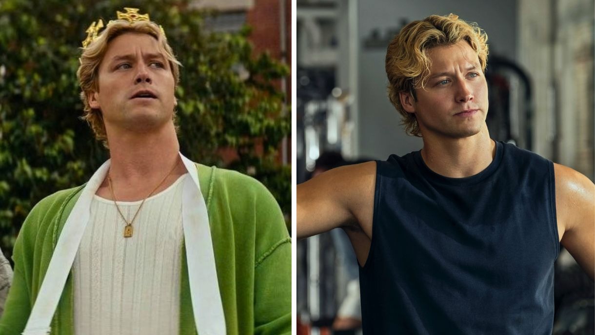 O visual de Dean Di Laurentis, de "Off Campus", que reflete a estética de playboy universitário e seu lado esportivo. Homem loiro de cabelo ondulado em duas fotos: com coroa e cardigan verde, e com regata escura.