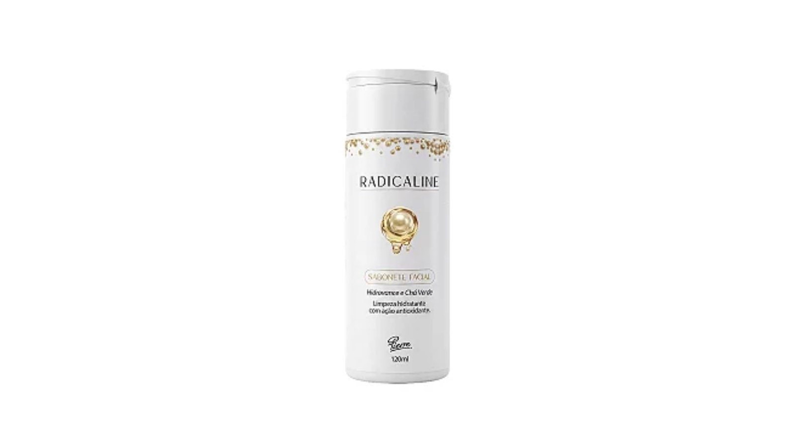 Frasco branco de sabonete facial Radicaline Pierre com detalhes dourados e 120ml