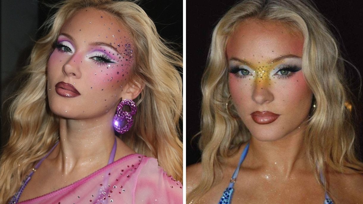 Mulher loira exibe dois looks de maquiagem ousados com brilho, pedrarias e cores.