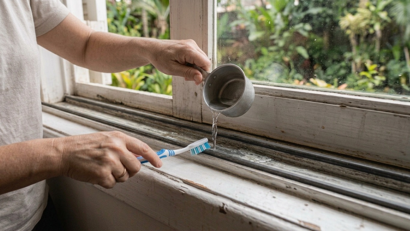 Uma escova e água são eficazes para remover sujeira e mofo acumulados nos trilhos da janela, facilitando a limpeza profunda Mãos adultas limpam trilho de janela sujo com escova de dentes azul e água de caneca metálica