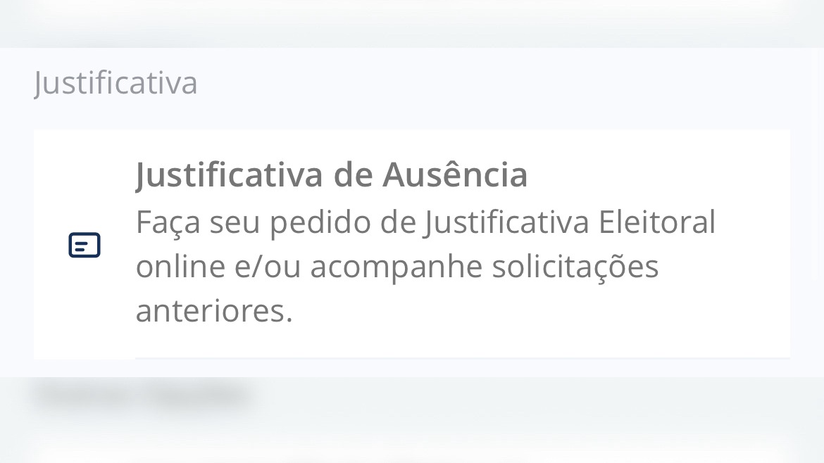 Tela exibe 'Justificativa de Ausência', 'Faça seu pedido de Justificativa Eleitoral online' e ícone de documento
