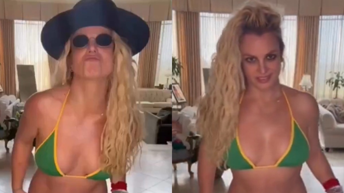 Britney Spears, citada na matéria sobre sua recente prisão por suspeita de dirigir sob influência na Califórnia. Britney Spears em biquíni verde e amarelo, óculos, chapéu, poses diferentes.
