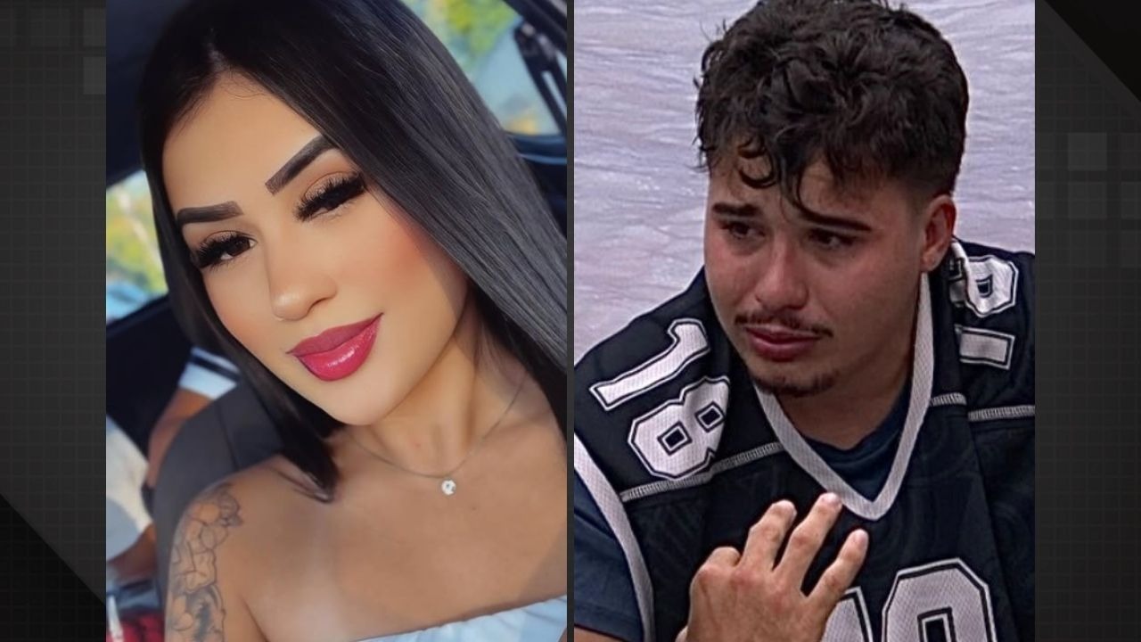 Pedro, participante do BBB 26, e sua esposa Rayne, grávida, envolvidos na polêmica de infidelidade que viralizou. Mulher morena sorrindo com maquiagem à esquerda; homem moreno chorando com camiseta de time à direita.