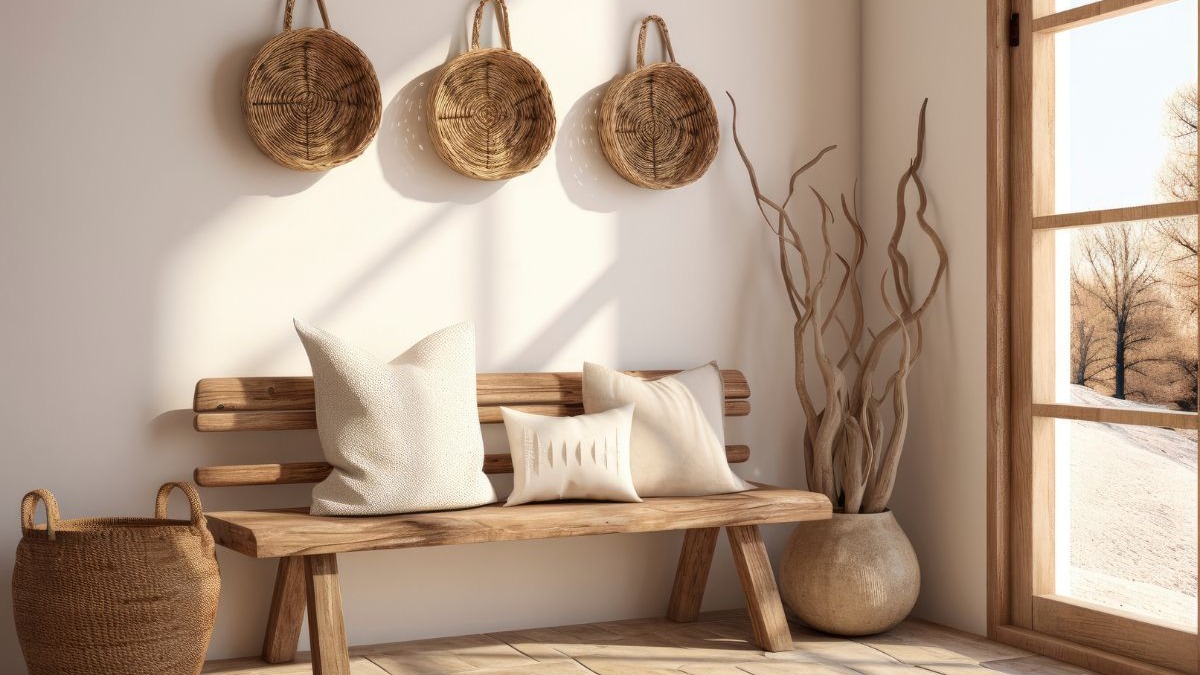 Ambiente claro com banco de madeira r&uacute;stico, almofadas brancas, cestos de vime e galhos secos em vaso.