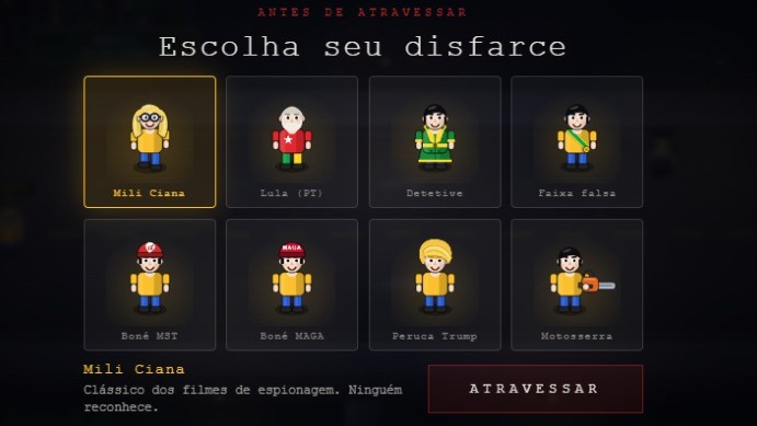 Tela do jogo &lsquo;Cad&ecirc; Fl&aacute;vio?&rsquo; com 8 op&ccedil;&otilde;es de disfarce. &lsquo;Mili Ciana&rsquo; est&aacute; selecionada, com texto e bot&atilde;o &lsquo;ATRAVESSAR&rsquo;