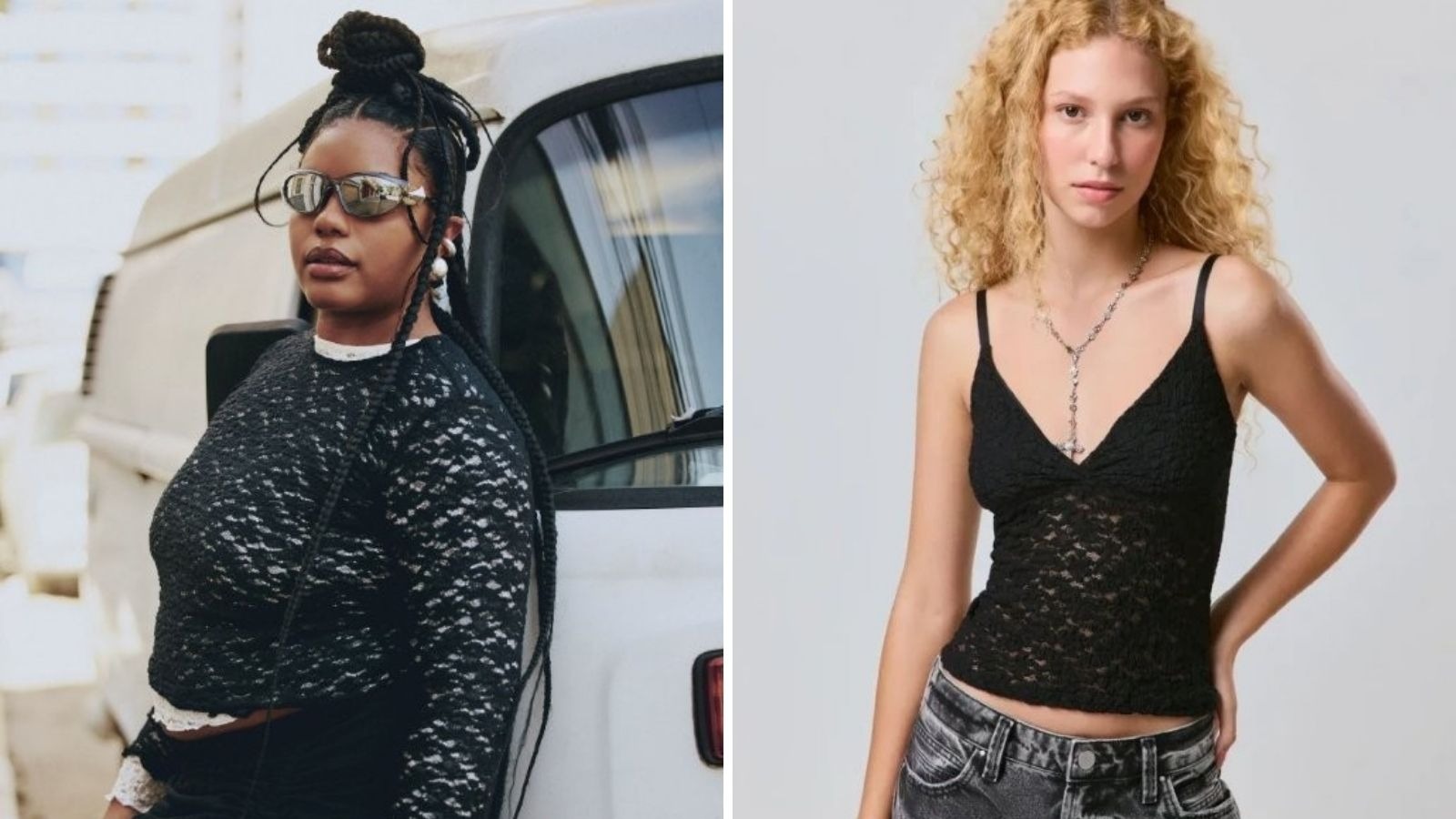 Duas mulheres, uma de blusa de renda preta e outra de camisete de renda preta