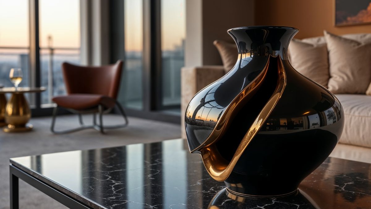 Vaso preto e dourado em mesa de m&aacute;rmore preto, com sala e vista da cidade ao fundo.