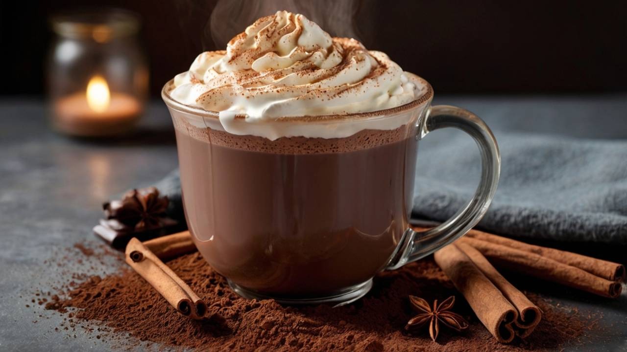 Aproveite o chocolate de Páscoa para fazer um reconfortante chocolate quente cremoso, perfeito para os dias mais frios. Créditos: depositphotos.com / Serg+ Caneca de vidro com chocolate quente, chantilly, canela, anis estrelado e pó de cacau.