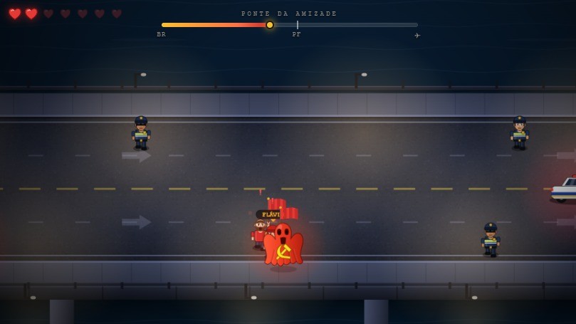 Jogo pixel art: 'Fantasma do Comunismo', 'FL&Aacute;VIO', policiais na 'Ponte da Amizade', progress&atilde;o 'BR-PF'