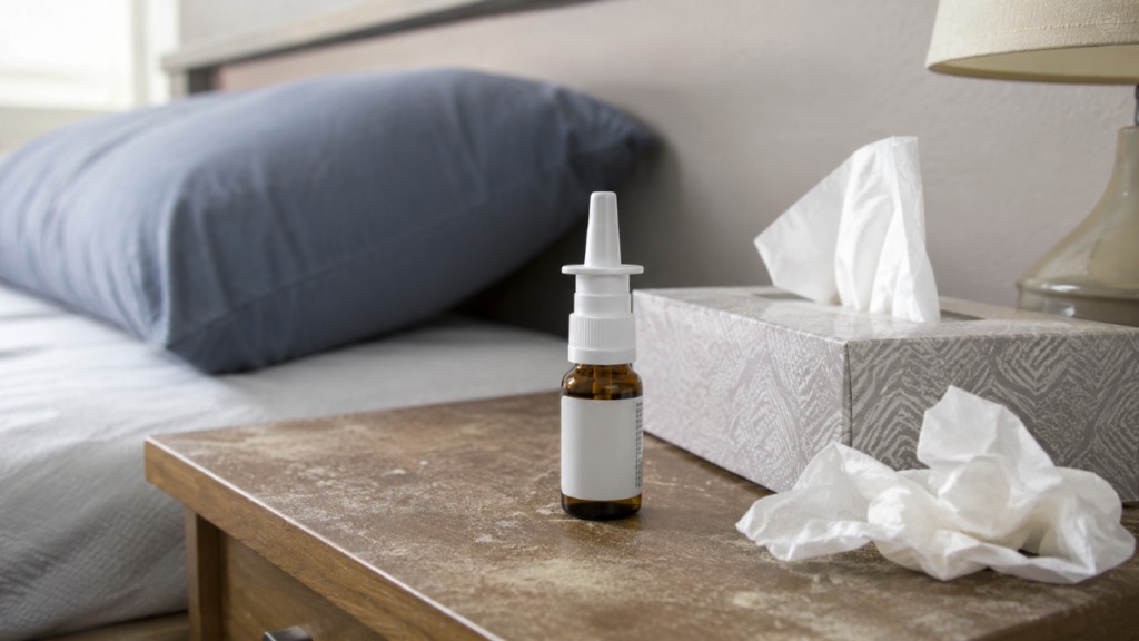 A necessidade de aliviar sintomas como congestão nasal e coriza se intensifica com a temporada de doenças respiratórias. Spray nasal, lenços de papel novos e usados sobre mesa de cabeceira ao lado de cama.
