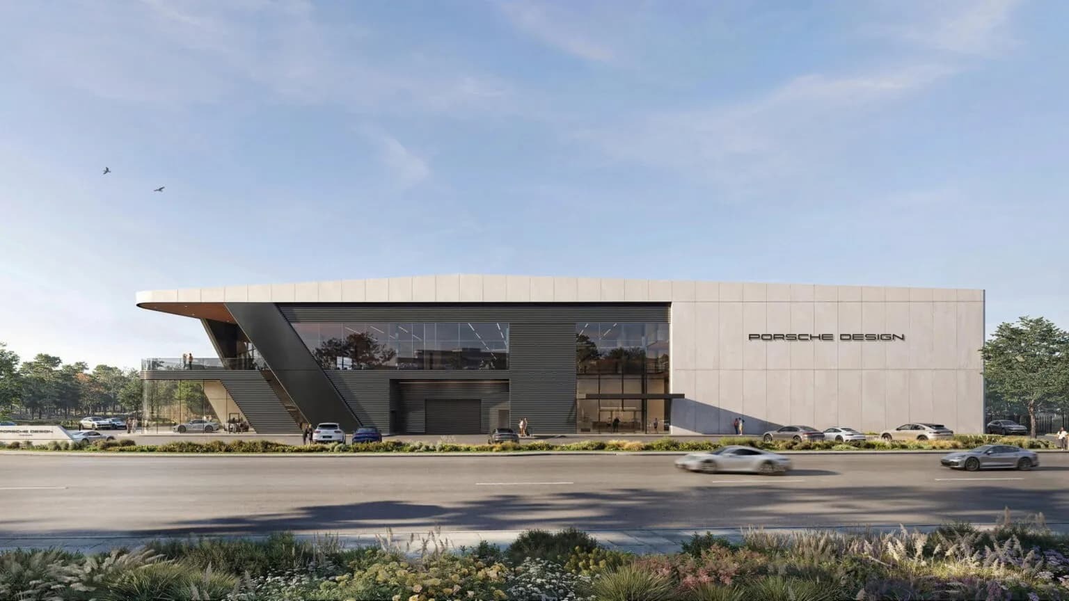 Imagem conceitual mostra o moderno edifício do Porsche Design Concours, projeto de luxo para colecionadores de veículos Fachada moderna do edifício 'PORSCHE DESIGN' com rua, carros e árvores sob céu azul