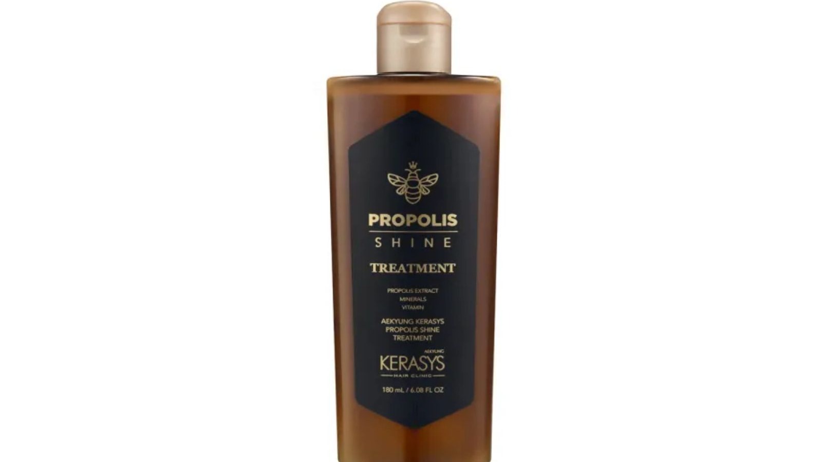 Frasco marrom de tratamento capilar Kerasys Propolis Shine com r&oacute;tulo preto e abelha dourada