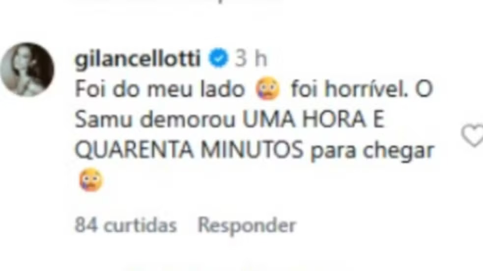 Giovanna Lancellotti em sua postagem nas redes sociais, onde criticou a demora no atendimento ao eleitor que passou mal. Foto: Reprodução Captura de tela do comentário de @gilancellotti no Instagram, citando a demora de uma hora e quarenta minutos do Samu