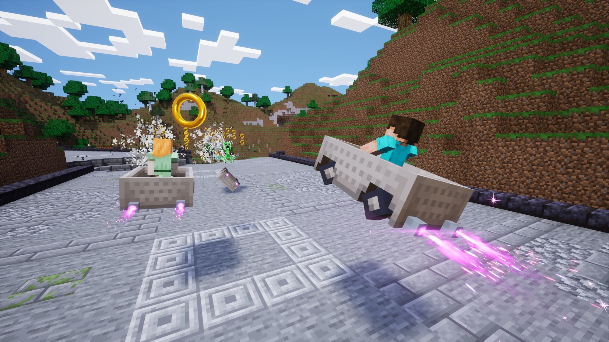 Crossovers e universos variados são um dos grandes acertos de Sonic Racing: CrossWorlds Personagens estilo Minecraft em minecarts correndo em pista com anel dourado e moedas