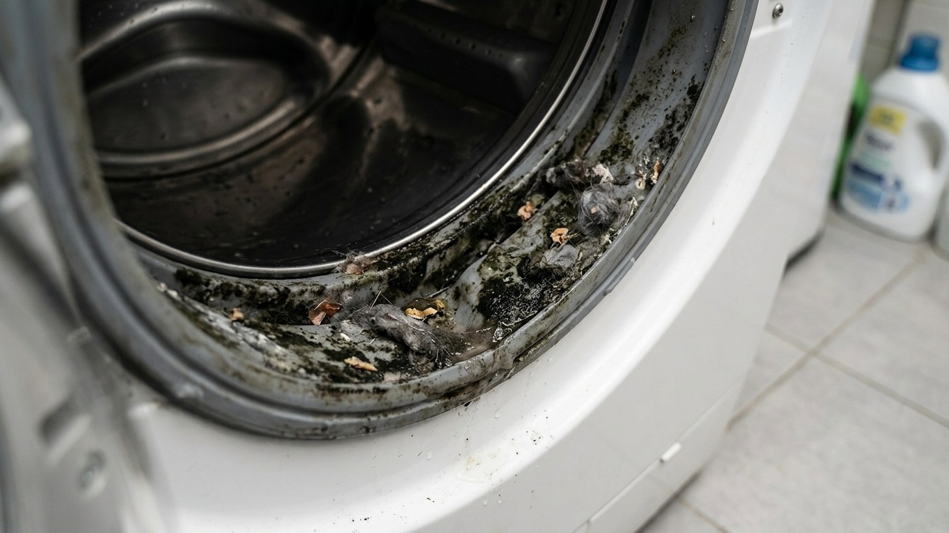 Mofo negro, fiapos e sujeira acumulados na borracha de vedação de uma máquina de lavar