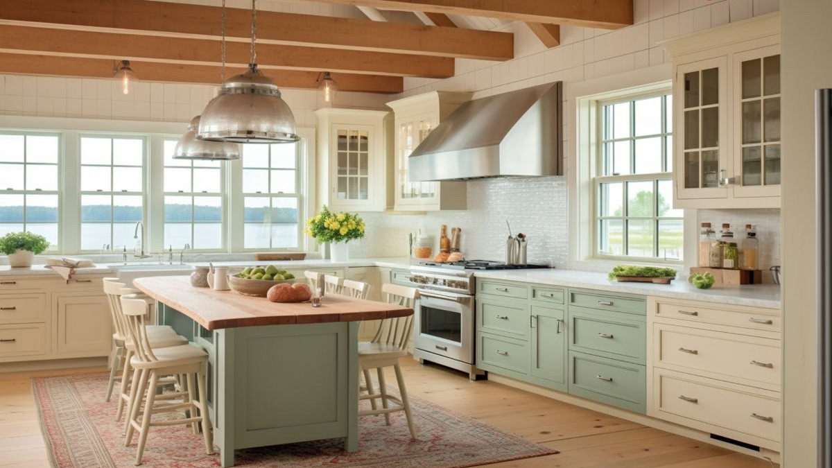 Cozinha farmhouse clara com ilha de madeira, arm&aacute;rios verdes, janelas amplas e vista para lago.