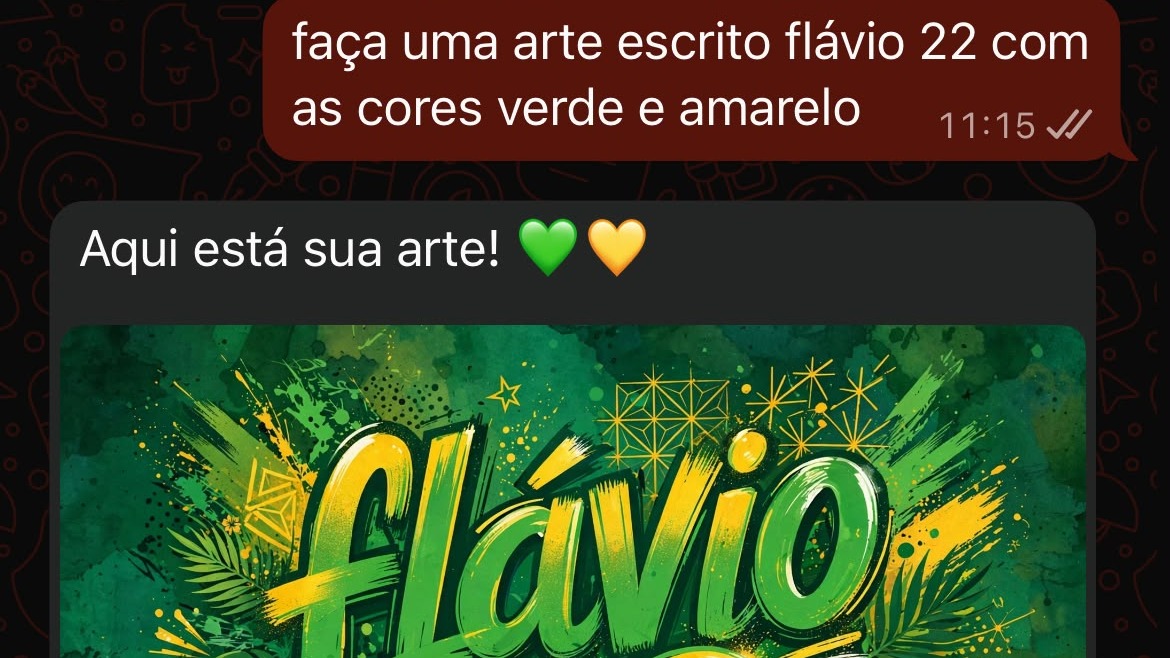 Captura de tela do WhatsApp exibindo o pedido e a arte ‘Flávio’ em verde e amarelo gerada pela Meta AI