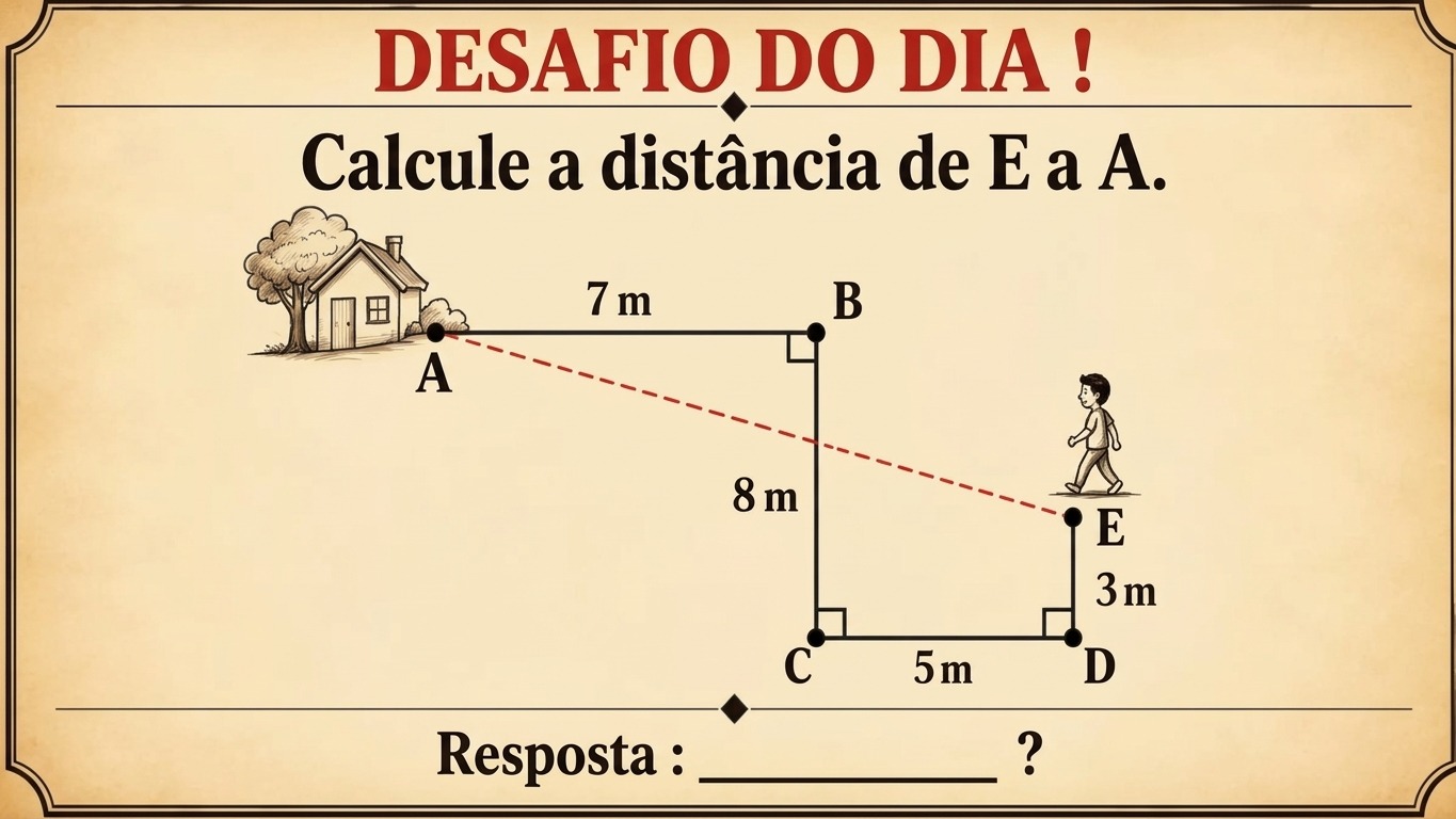 O desafio propõe o cálculo da distância direta entre a casa (ponto A) e a pessoa (ponto E), ilustrando um problema de geometria Diagrama geométrico com pontos A e E, medidas e a pergunta sobre como calcular a distância
