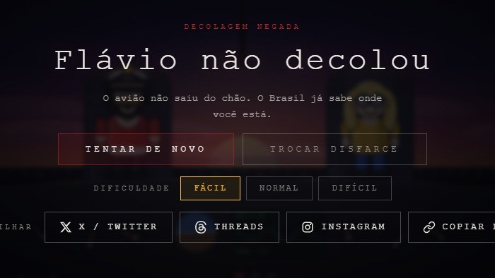 Tela do jogo &lsquo;Cad&ecirc; Fl&aacute;vio?&rsquo; com mensagens &lsquo;DECOLAGEM NEGADA&rsquo;, &lsquo;Fl&aacute;vio n&atilde;o decolou&rsquo; e op&ccedil;&otilde;es