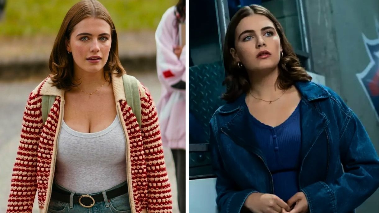 Hannah Wells exibe seu estilo clean e confortável, com combinações básicas e peças de tricô e jeans, como descrito na série "Off Campus". Jovem mulher em duas imagens, à esquerda com cardigan, à direita com jaqueta jeans.