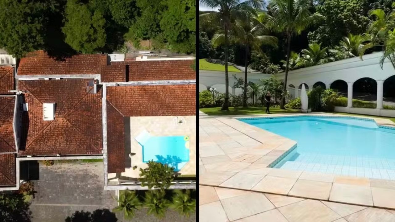 Mansão de Renato Aragão no Recreio dos Bandeirantes, que teve penhora decretada por dívidas de IPTU, em vistas aérea e terrestre Imagens divididas de mansão com telhado de cerâmica, piscina e área verde com palmeiras e muro
