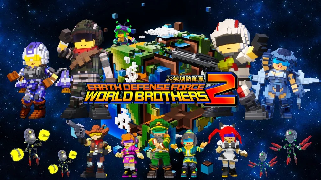 Logo do jogo, personagens voxel e planeta blocky no espa&ccedil;o