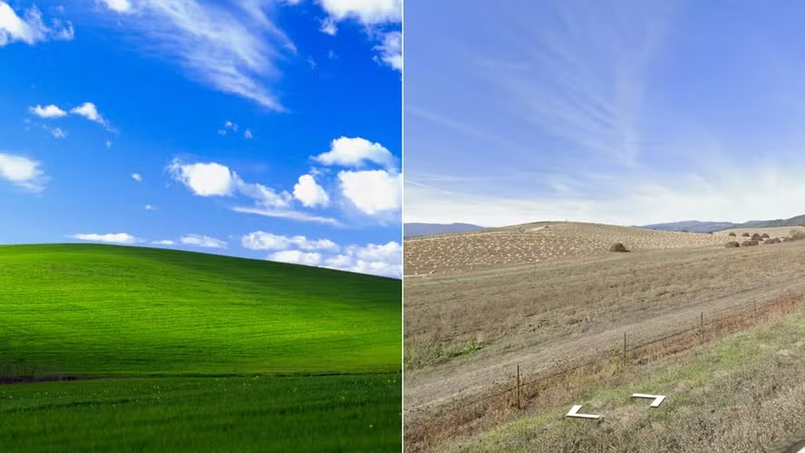 Díptico da colina do Windows XP verde e seca, com ícones do Google Street View