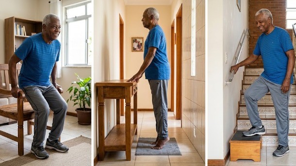 Exercícios simples ajudam idosos a fortalecer músculos cruciais para subir escadas e manter a autonomia no envelhecimento Homem idoso pratica exercícios em casa: levanta da cadeira, eleva calcanhares, sobe degrau