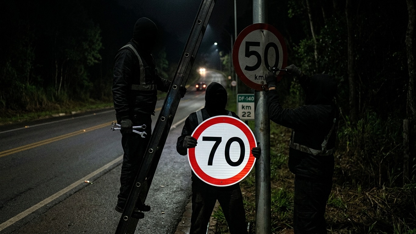 Homens mascarados trocam placas de 50 km/h por 70 km/h em poste na estrada à noite