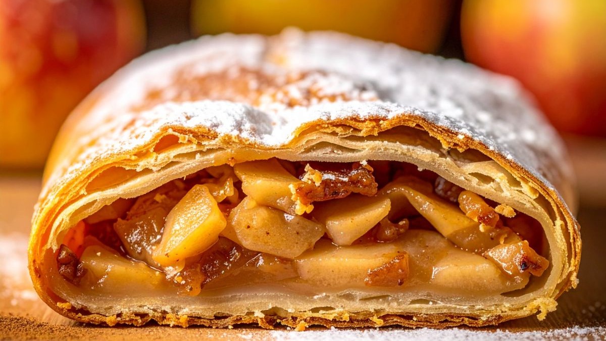 O apfelstrudel, com seu recheio de maçã e canela, é a escolha perfeita para adoçar a refeição alemã em Joinville. Fatia de strudel de maçã com recheio visível de maçã, uvas-passas e açúcar de confeiteiro.