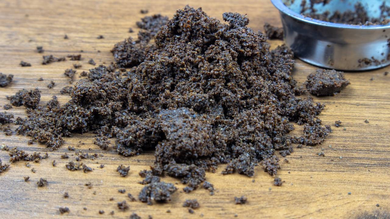 A borra de café usada é um fertilizante natural rico em nutrientes, uma das dicas sustentáveis para o cuidado do jardim. Pilha de borra de café usada sobre uma mesa de madeira com parte de um filtro de metal