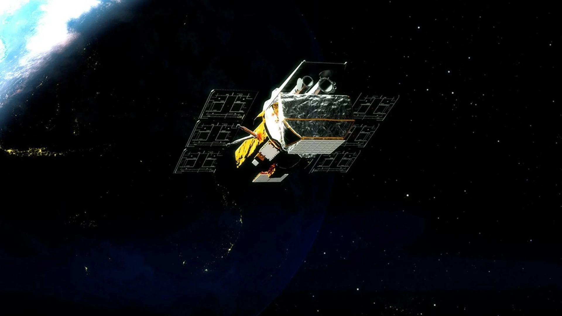 Uma missão de resgate espacial da NASA visa salvar o Observatório Neil Gehrels Swift, prolongando a vida de um telescópio vital. Imagem de satélite em órbita com painéis solares, sobre a Terra iluminada por luzes noturnas.