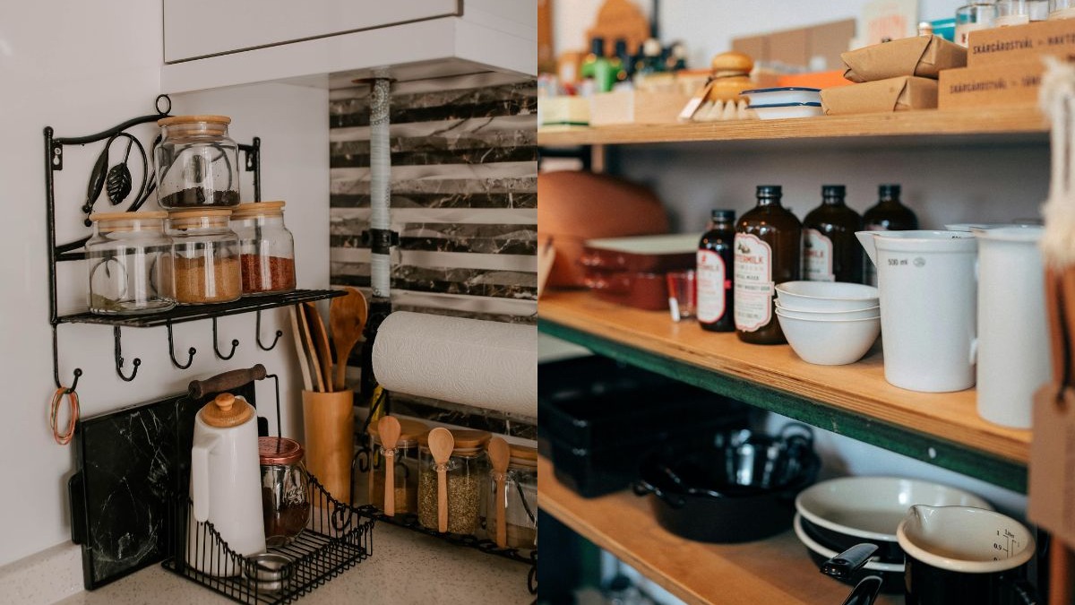 Cozinhas organizadas com potes de temperos, garrafas e utens&iacute;lios em prateleiras e bancadas.