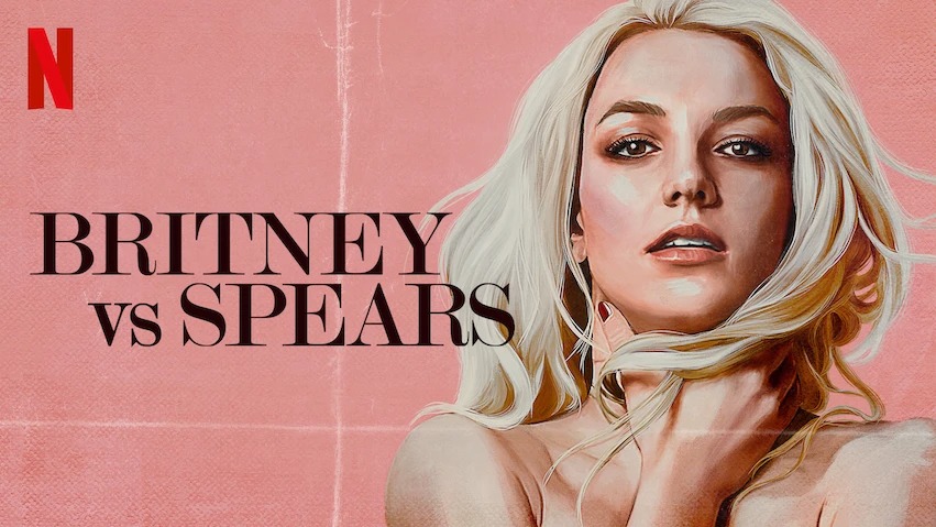 Ilustração de Britney Spears, loira, mãos no pescoço, com título "BRITNEY vs SPEARS" e logo Netflix.