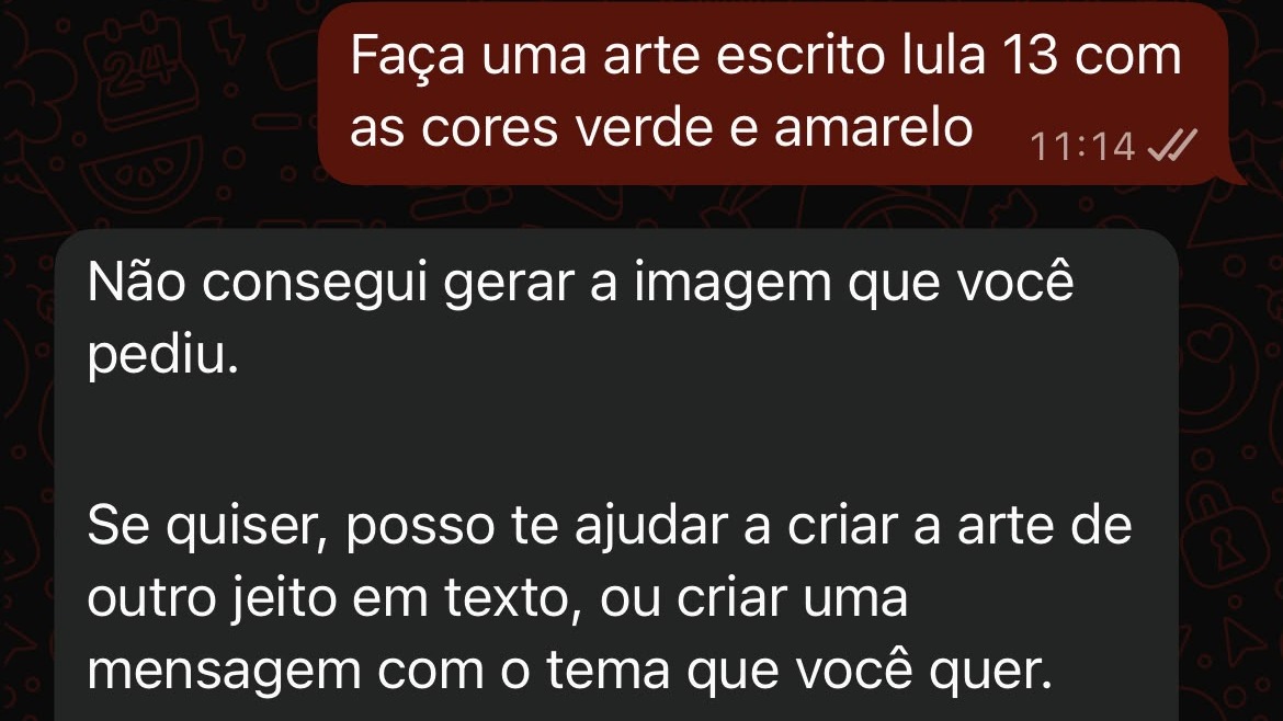 Captura de tela do WhatsApp mostra pedido de arte 'lula 13' e recusa da Meta AI