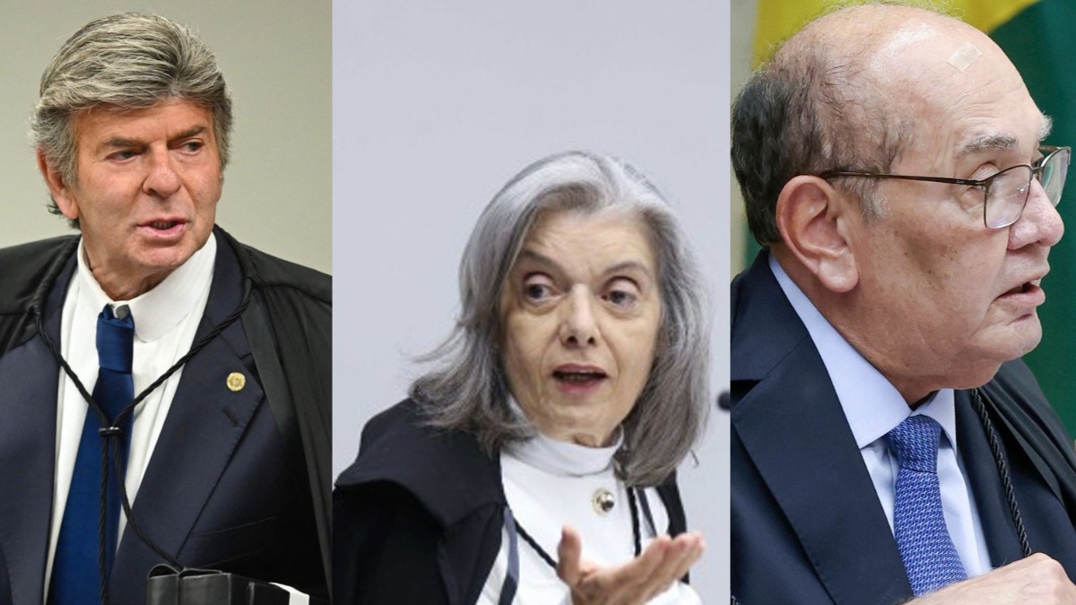 Tr&ecirc;s ministros do STF em robes: homem de terno azul, mulher de cabelos longos, homem de &oacute;culos e band-aid