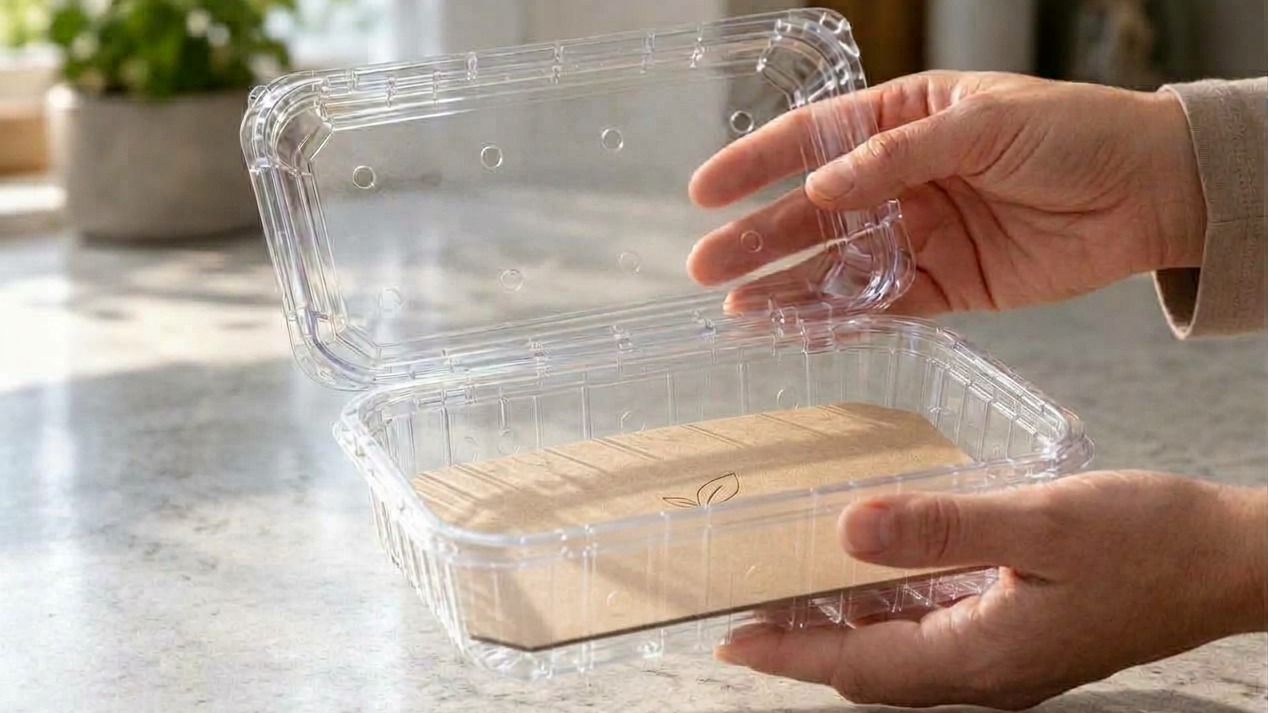 Mãos seguram embalagem plástica transparente aberta com forro de papelão sobre superfície clara