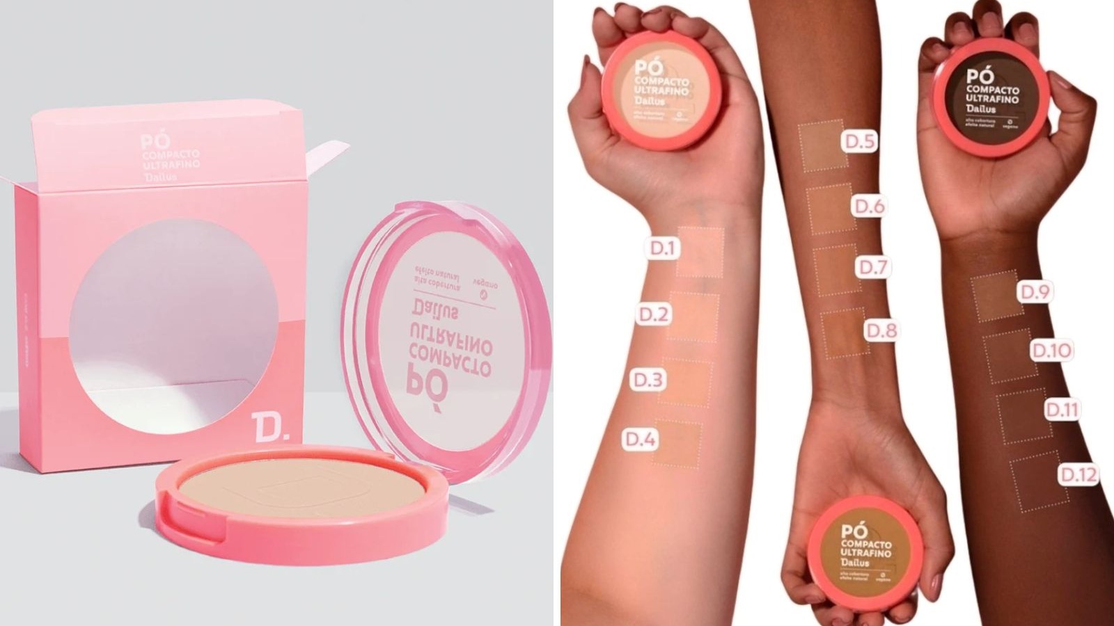 Embalagem do P&oacute; Compacto Ultrafino Dailus e bra&ccedil;os exibindo swatches das 12 tonalidades D.1 a D.12