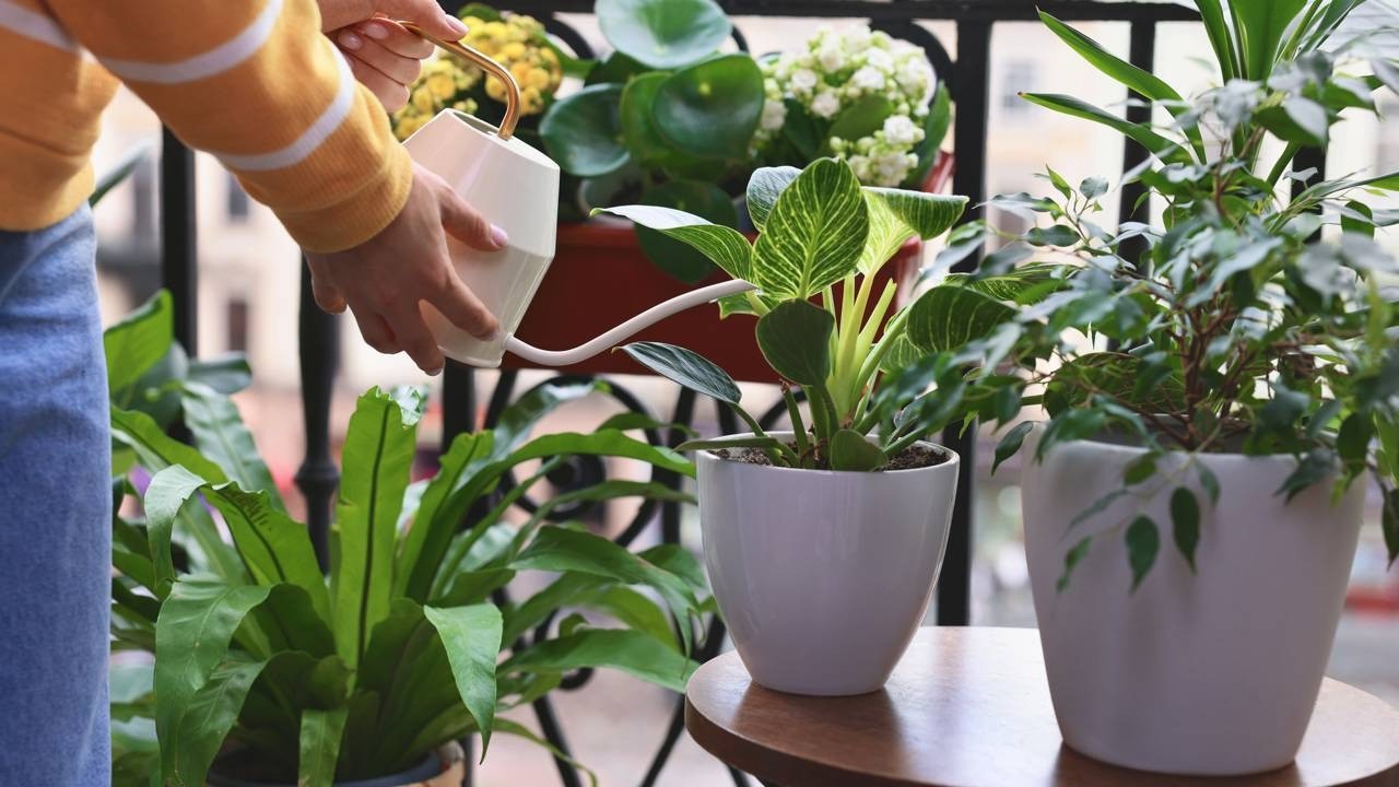 Uma pessoa em suéter amarelo rega plantas em vasos brancos num balcão