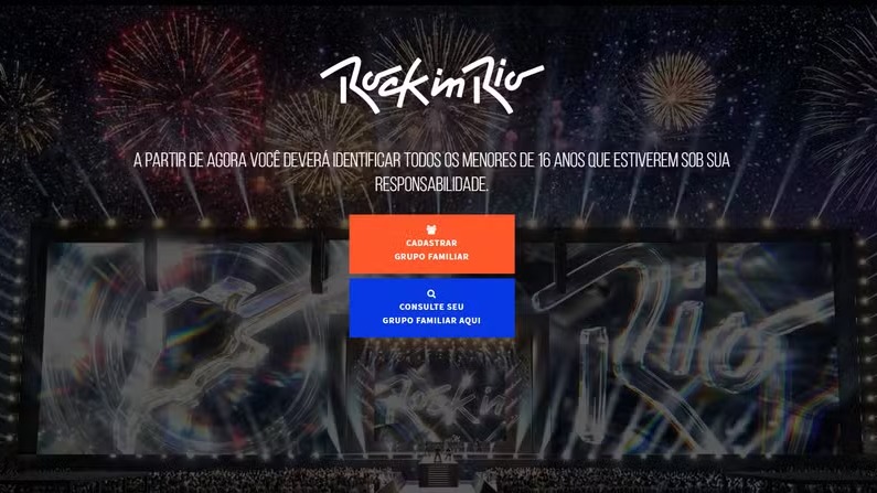 Tela Rock in Rio para cadastro de menores, com opções 'Cadastrar' e 'Consultar'.